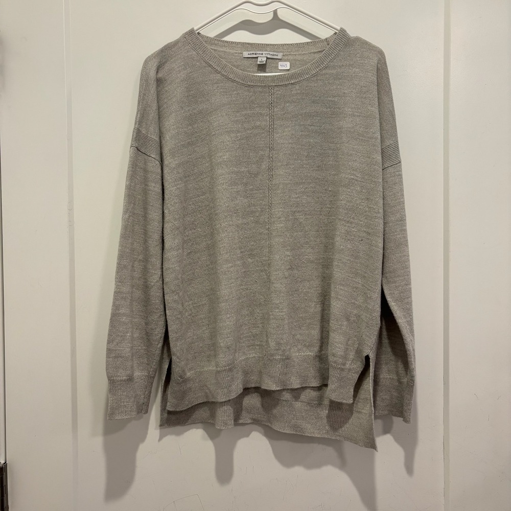 Adrienne Vittadini Womens Grey Crewneck Sweater Drop Shoulder Side Slit Large